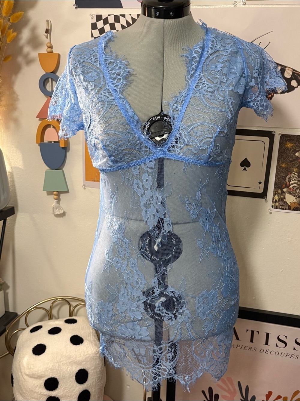 Elegant Moments Sheer Light Blue Lace V-Neck Slip
